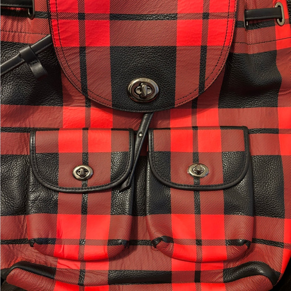 Coach Red and Black Plaid Backpack! UEC. Pockets on the front. - Picture 12 of 13
